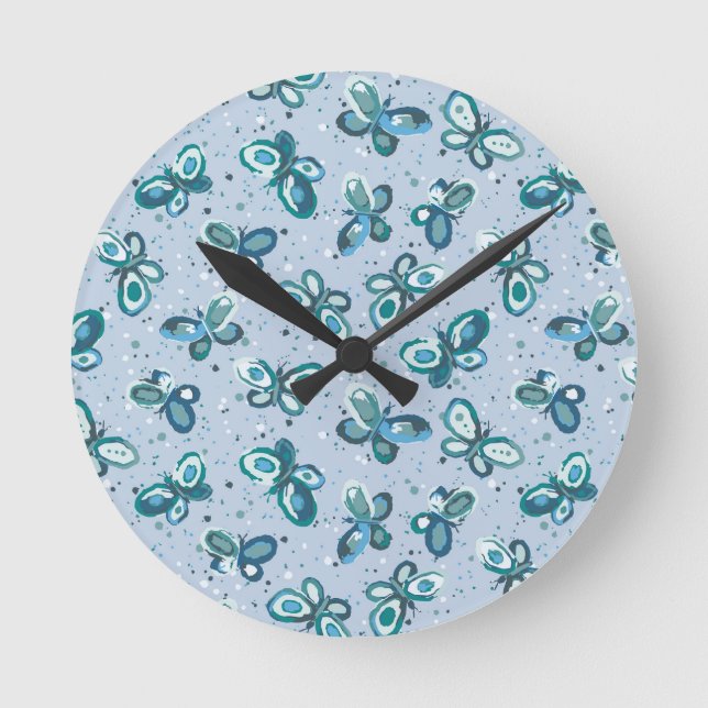 Doodle Bugs Butterflies - blue - seamless pattern. Round Clock (Front)