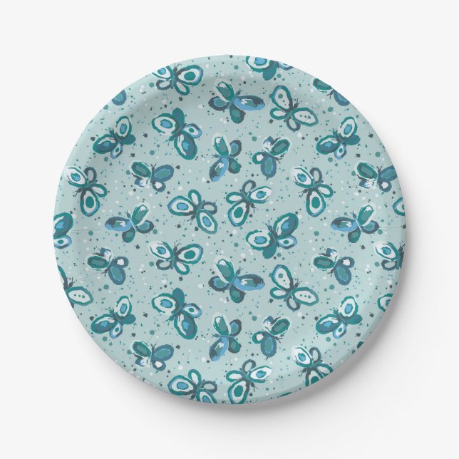 Doodle Bugs Butterflies - turquoise - pattern. Paper Plate (Front)