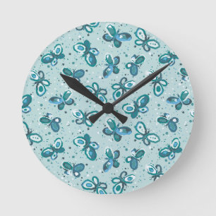 Doodle Bugs Butterflies - turquoise - pattern. Round Clock