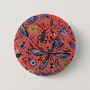 Doodle bugs on coral red 6 cm round badge