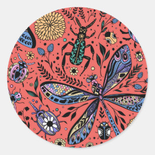 Doodle bugs on coral red classic round sticker