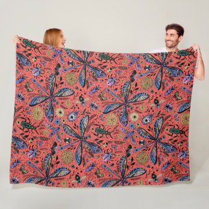 Doodle bugs on coral red fleece blanket