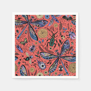 Doodle bugs on coral red napkin