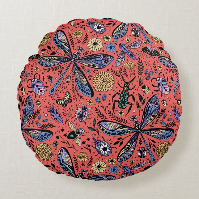Doodle bugs on coral red round cushion (Front)