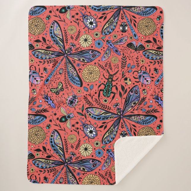 Doodle bugs on coral red sherpa blanket (Front)