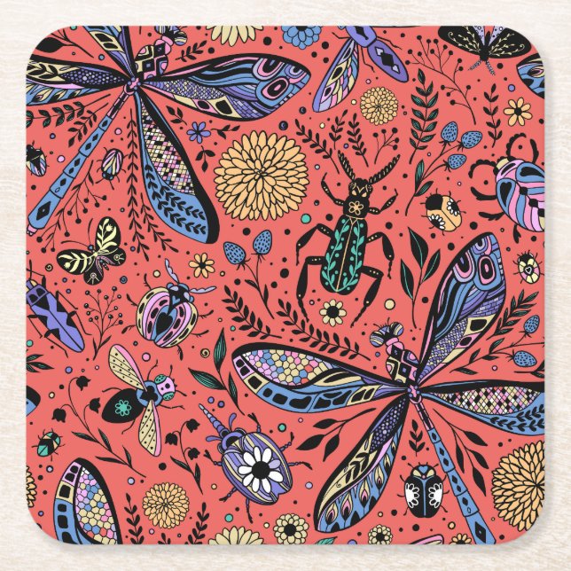 Doodle bugs on coral red square paper coaster (Front)
