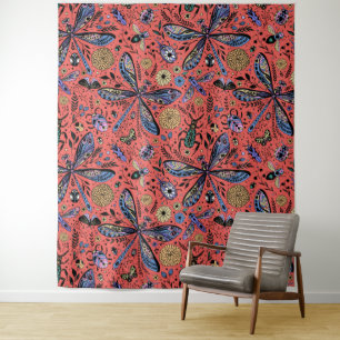 Doodle bugs on coral red tapestry