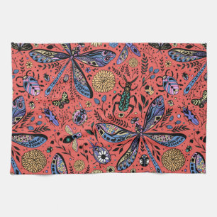 Doodle bugs on coral red tea towel