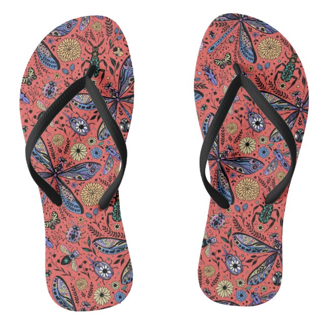 Doodle bugs on coral red thongs (Footbed)