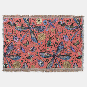 Doodle bugs on coral red throw blanket