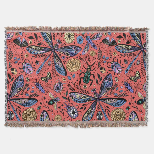 Doodle bugs on coral red throw blanket (Front)