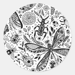Doodle bugs on dark blue classic round sticker