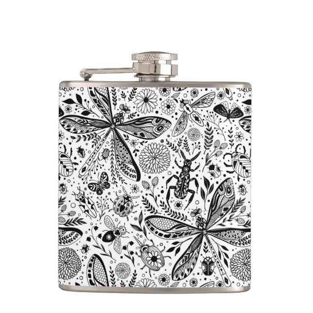 Doodle bugs on dark blue hip flask (Front)