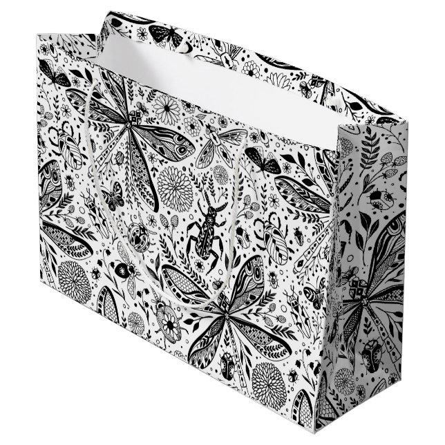 Doodle bugs on dark blue large gift bag (Back Angled)