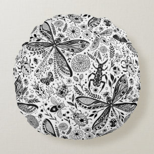 Doodle bugs on dark blue round cushion