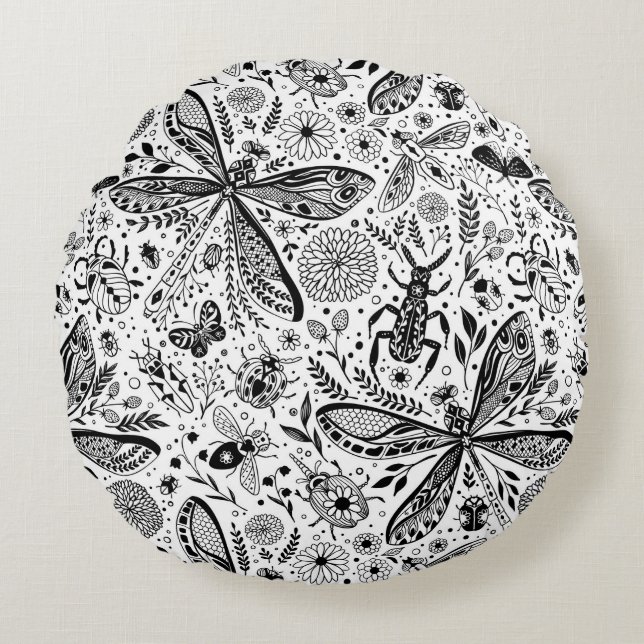 Doodle bugs on dark blue round cushion (Front)