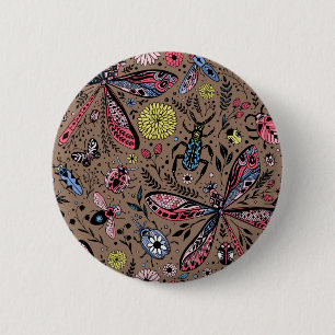 Doodle bugs on mocha brown 6 cm round badge