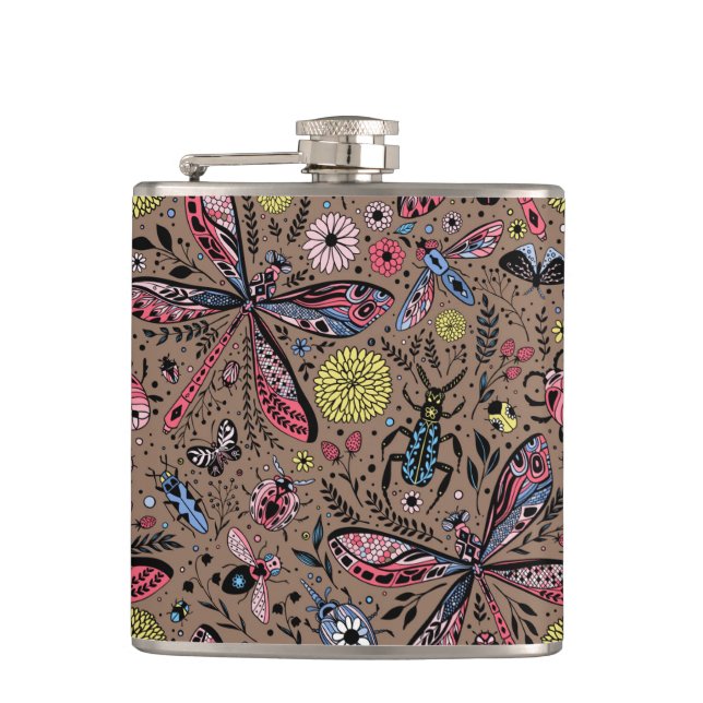 Doodle bugs on mocha brown hip flask (Front)