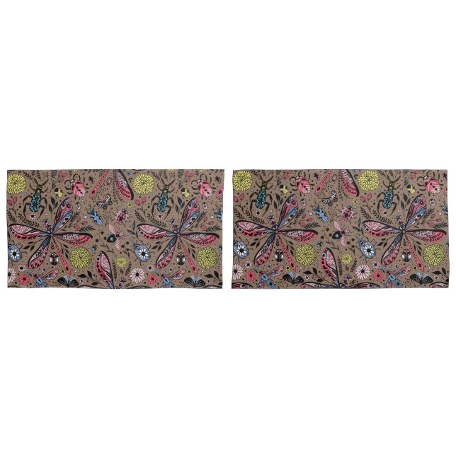 Doodle bugs on mocha brown pillowcase (Front-Set)