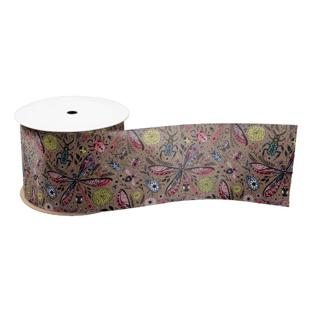Doodle bugs on mocha brown satin ribbon (Spool)
