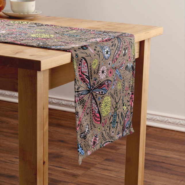 Doodle bugs on mocha brown short table runner (In Situ)