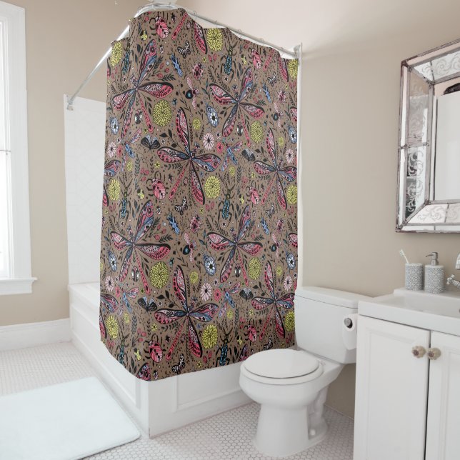 Doodle bugs on mocha brown shower curtain (In Situ)