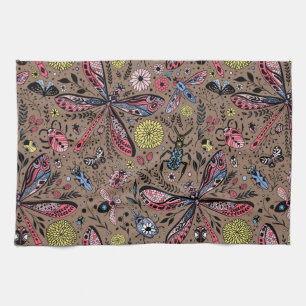 Doodle bugs on mocha brown tea towel