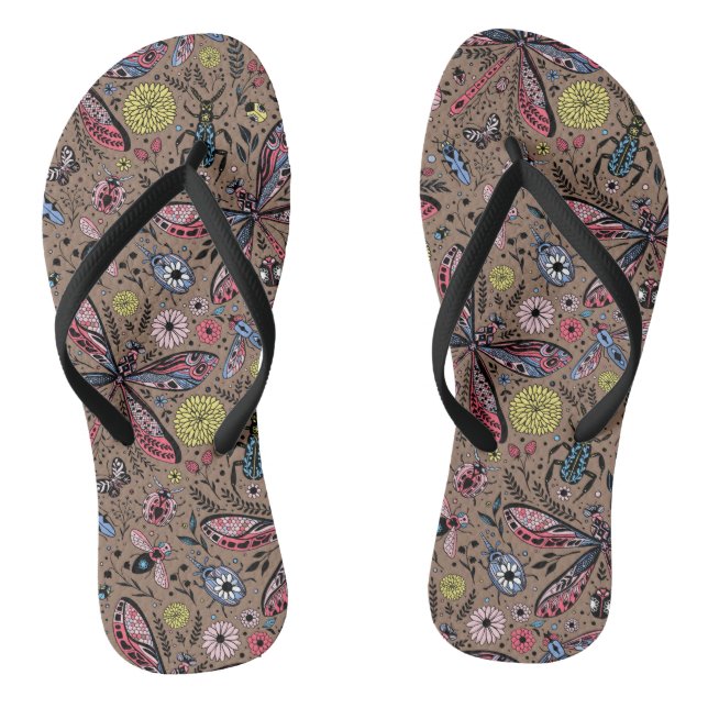 Doodle bugs on mocha brown thongs (Footbed)