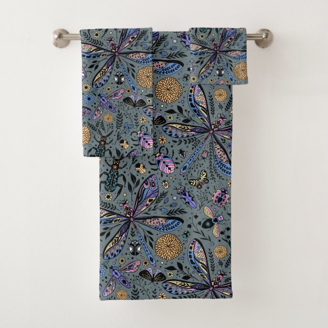 Doodle bugs on slater grey bath towel set (Insitu)