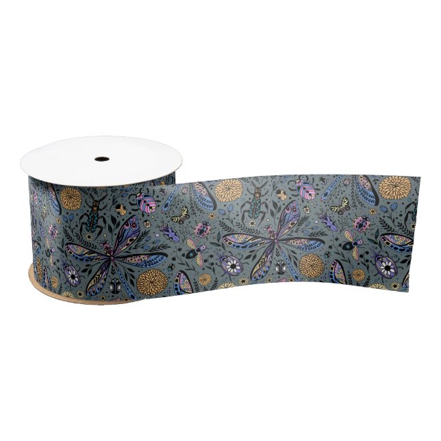 Doodle bugs on slater grey satin ribbon (Spool)