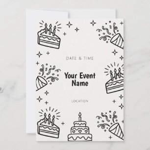 Doodle Cake Party Popper Line Art Invitation