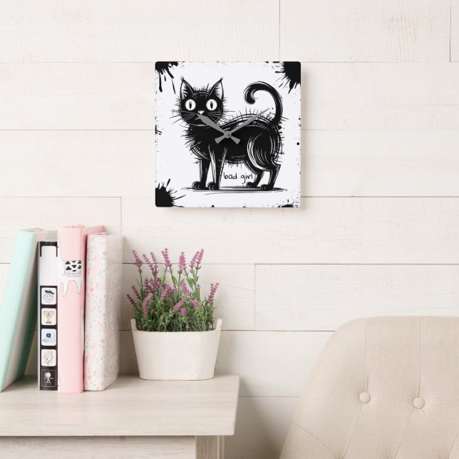 doodle cat  square wall clock (Reading Room)