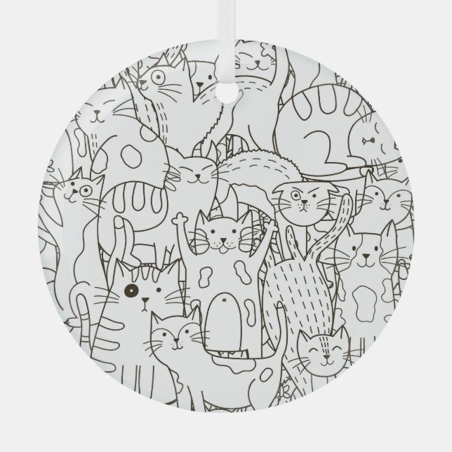 Doodle cats: black and white. glass tree decoration (Front)