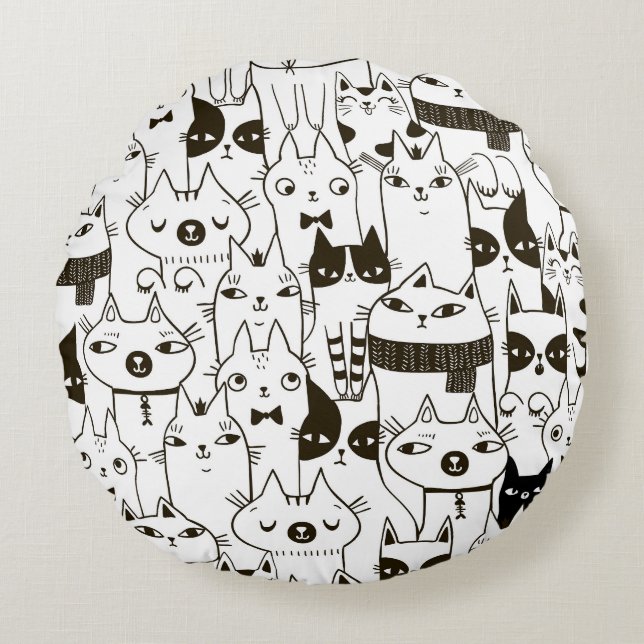 Doodle cats: funny seamless pattern. round cushion (Front)