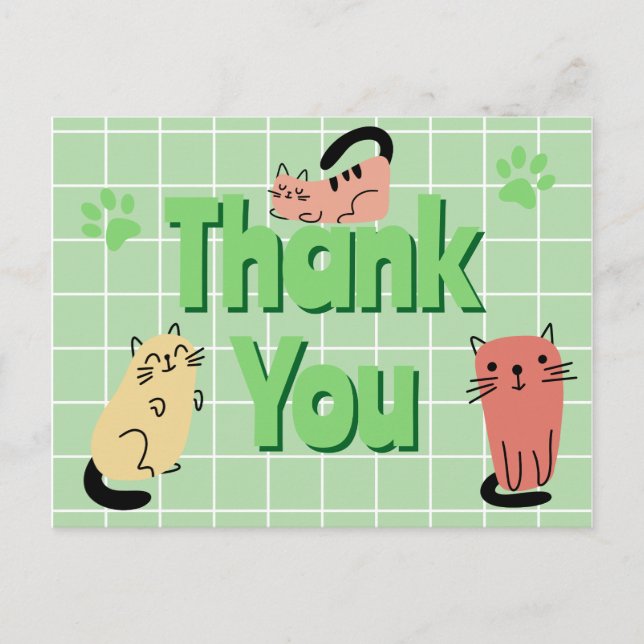 Doodle Cats Green Thank You  Postcard (Front)