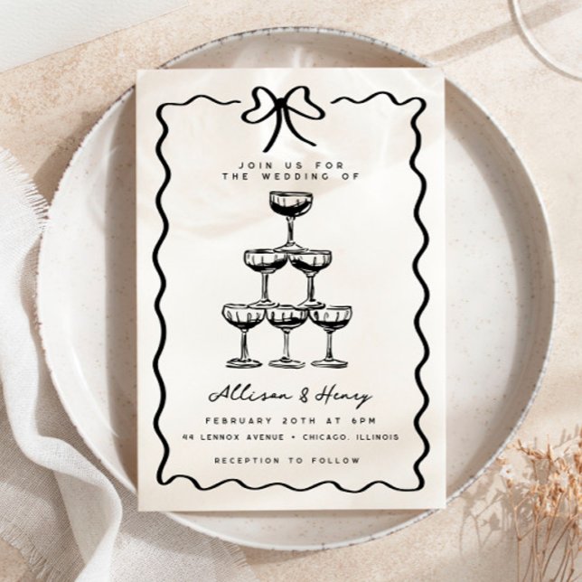 Doodle Champagne Tower Whimsical Bow Wedding Invitation (Creator Uploaded)