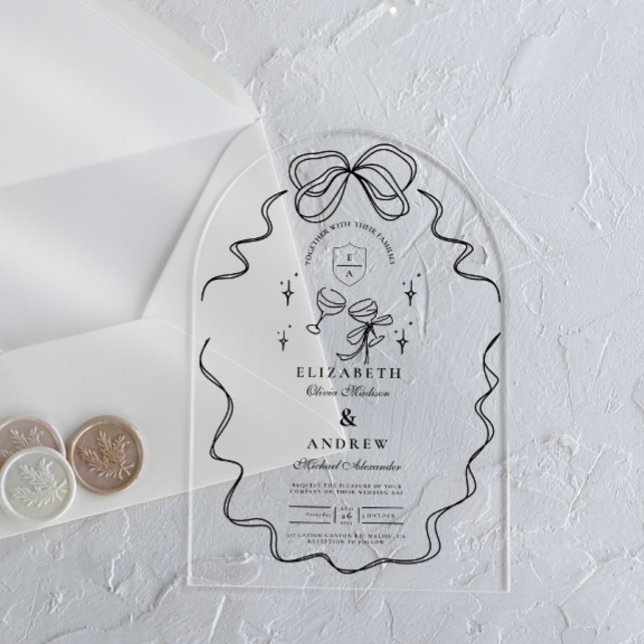 Doodle Champagne Whimsical Bow Wedding Acrylic Invitations (Creator Uploaded)