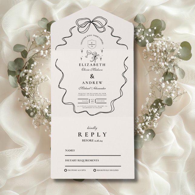 Doodle Champagne Whimsical Bow Wedding All In One Invitation (Creator Uploaded)
