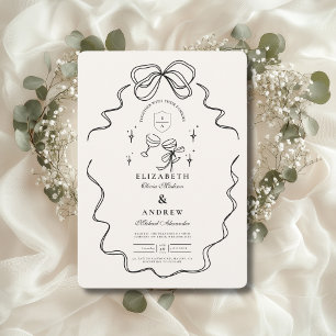 Doodle Champagne Whimsical Bow Wedding Invitation