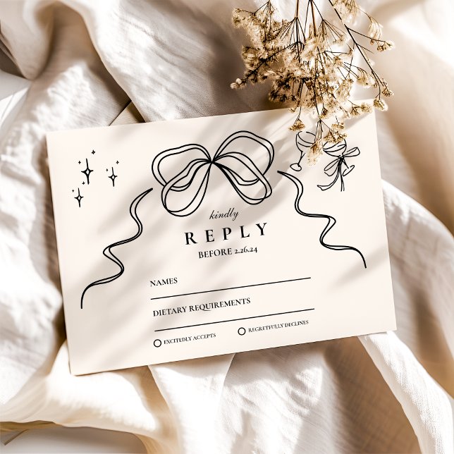 Doodle Champagne Whimsical Bow Wedding RSVP Card (Creator Uploaded)