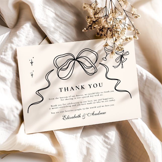 Doodle Champagne Whimsical Bow Wedding Thank You Card (Creator Uploaded)