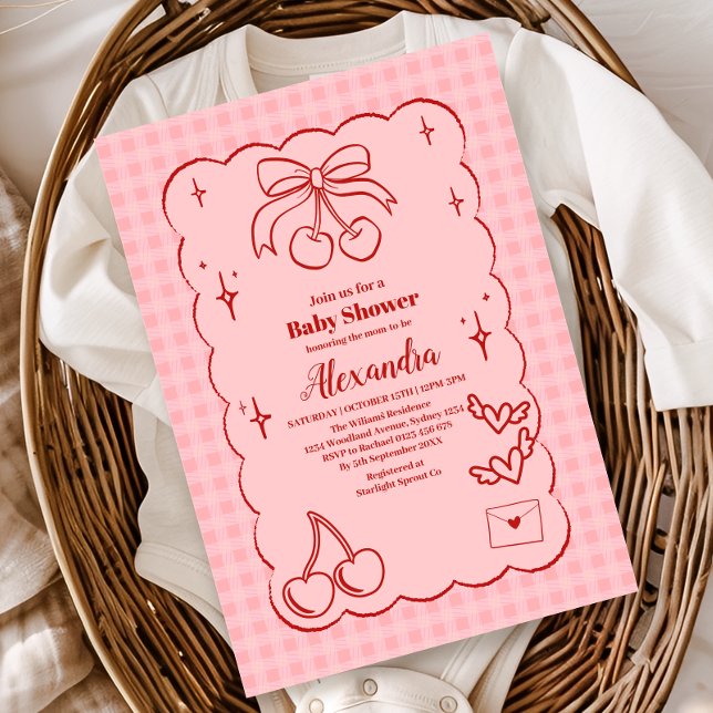 Doodle Cherry Bow Bow Baby Shower Invitation (Creator Uploaded)