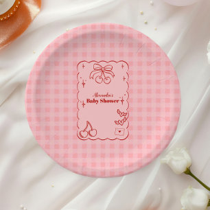 Doodle Cherry Bow Bow Baby Shower Paper Plate