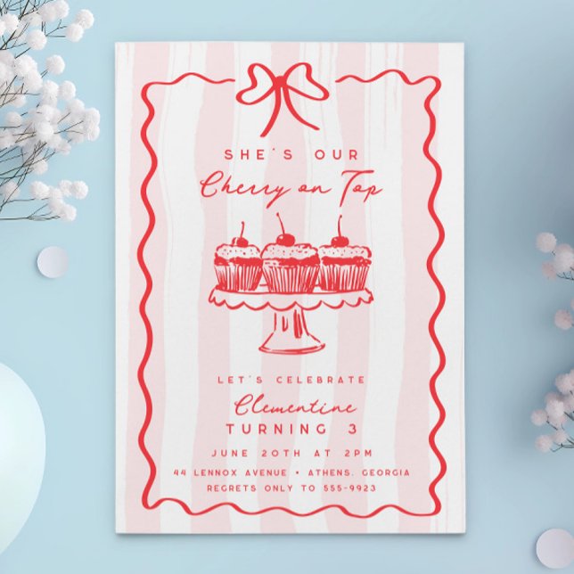 Doodle Cherry Cupcake Pink Bow Birthday Party Invitation (Creator Uploaded)