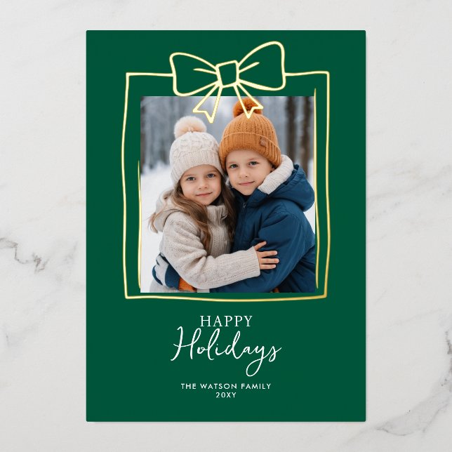 Doodle Christmas 4 Photo Hand-Drawn Bow Ribbon  Foil Holiday Card (Front)