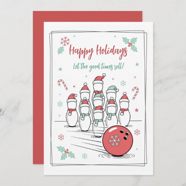 Doodle Christmas Bowling Holiday Greeting Cards (Front/Back)