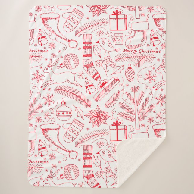 Doodle Christmas pattern red Sherpa Blanket (Front)