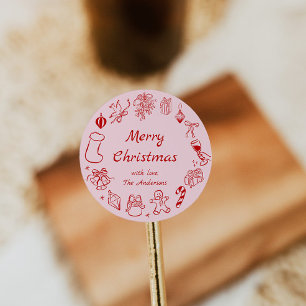 Doodle Christmas Sticker Pink Hand Drawn Label