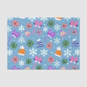Doodle Christmas Winter Gloves Gifts Hats Blue Tissue Paper