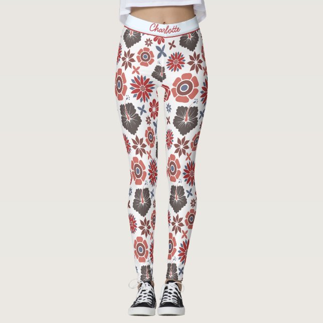 Doodle colourful floral pattern personalised name  leggings (Front)